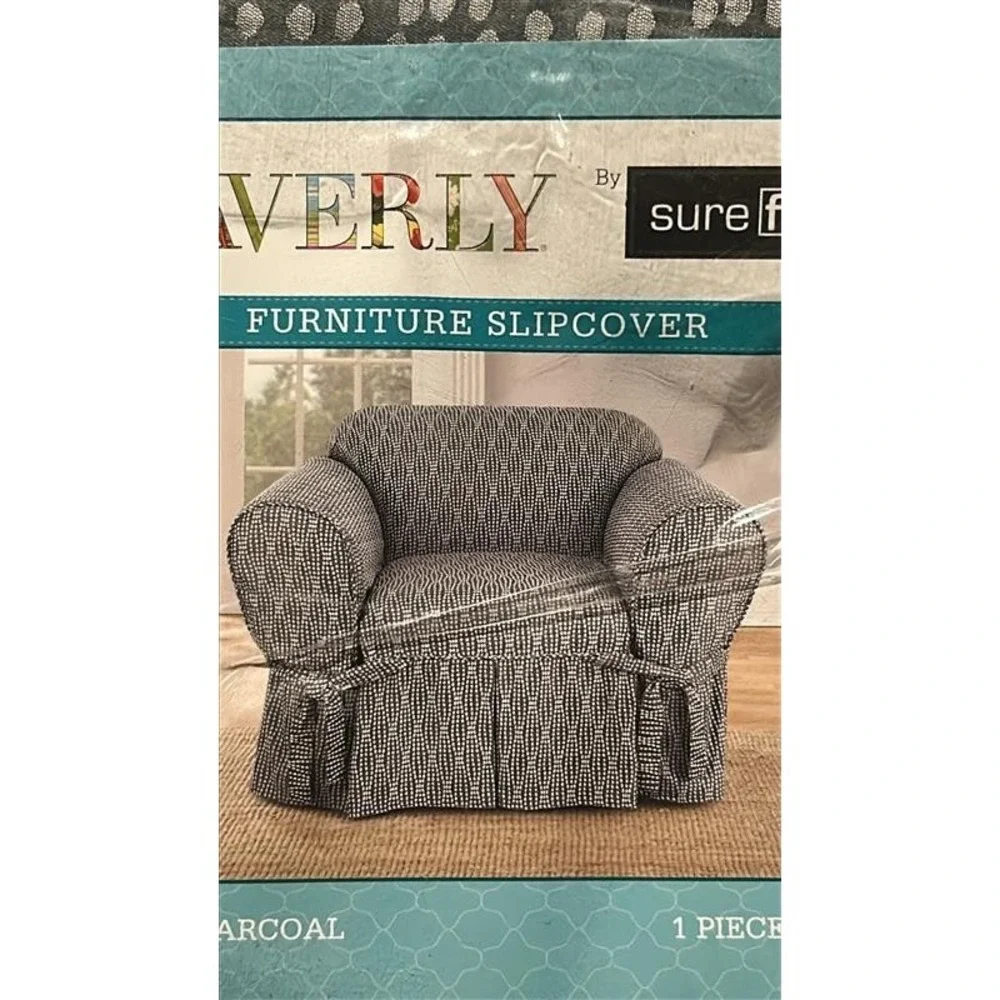 SureFit Waverly Strands 1pc Arm Chair Slipcover Washable Gray Charcoal Geometric